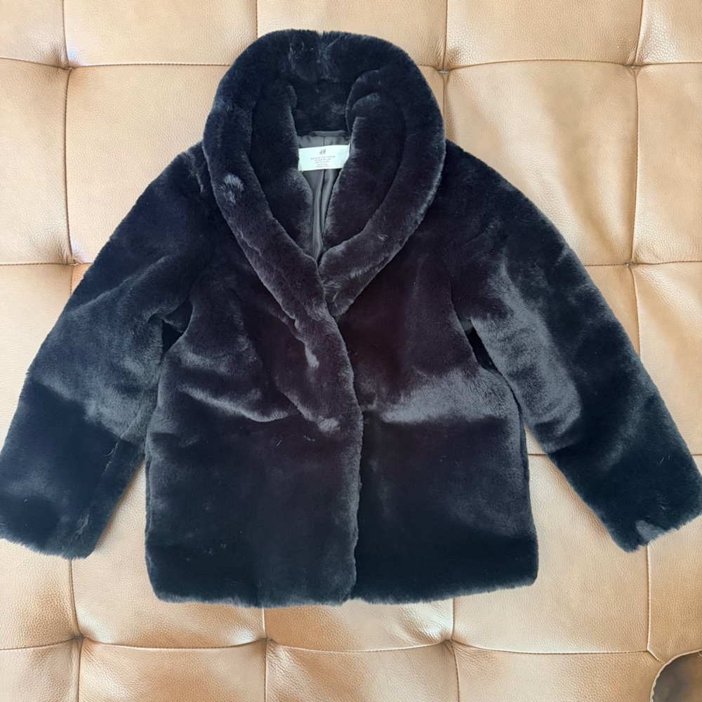 H&M Girls Black Faux Fur Coat 6x/7